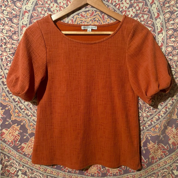 Green Envelope Brand | Orange Short Sleeve Blouse w/ Puff Sleeves - Picture 1 of 3